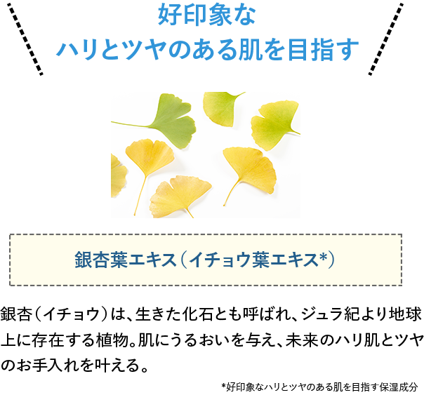 好印象なハリとツヤのある肌を目指す
銀杏葉エキス（イチョウ葉エキス）銀杏（イチョウ）は、生きた化石とも呼ばれ、ジュラ紀より地球
上に存在する植物。肌にうるおいを与え、未来のハリ肌とツヤのお手入れを叶える。