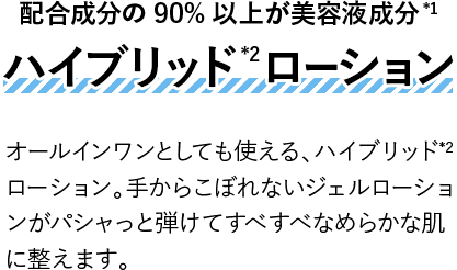 配合成分の90%以上が美容液成分*1ハイブリッドローション*2オールインワンとしても使える、ハイブリッド*2ローション。手からこぼれないジェルローションがパシャっと弾けてすべすべなめらかな肌に整えます。